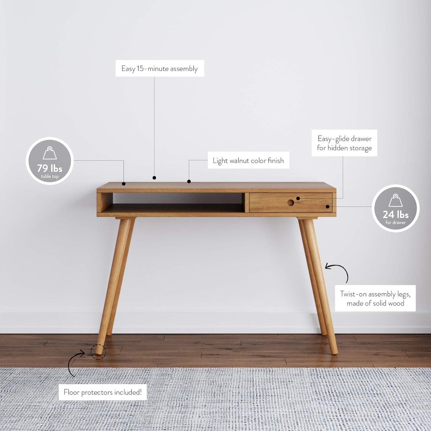 Parker Modern Home Office Writing, Computer or Laptop Desk with Open Storage Cubby and Small Drawer, Walnut