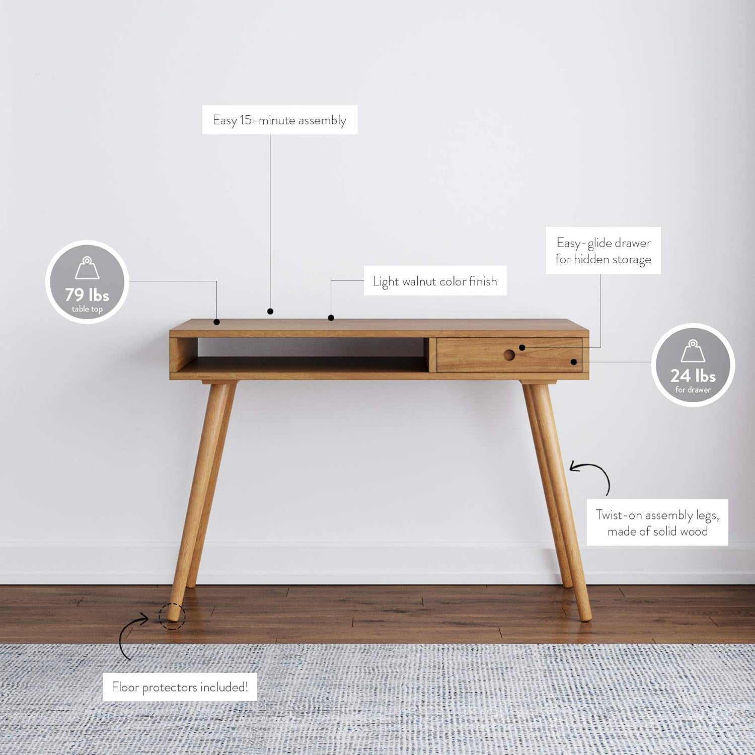 Parker Modern Home Office Writing, Computer or Laptop Desk with Open Storage Cubby and Small Drawer, Walnut