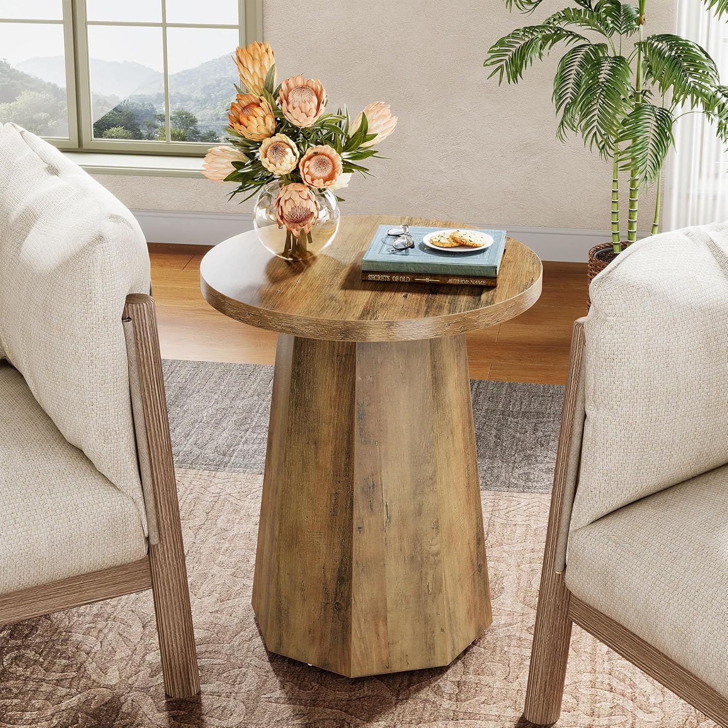 round Pedestal End Table, Farmhouse Couch Side Table with Octagonal Base, Wooden Drink Stand Accent Nightstand (1, Rustic Brown)