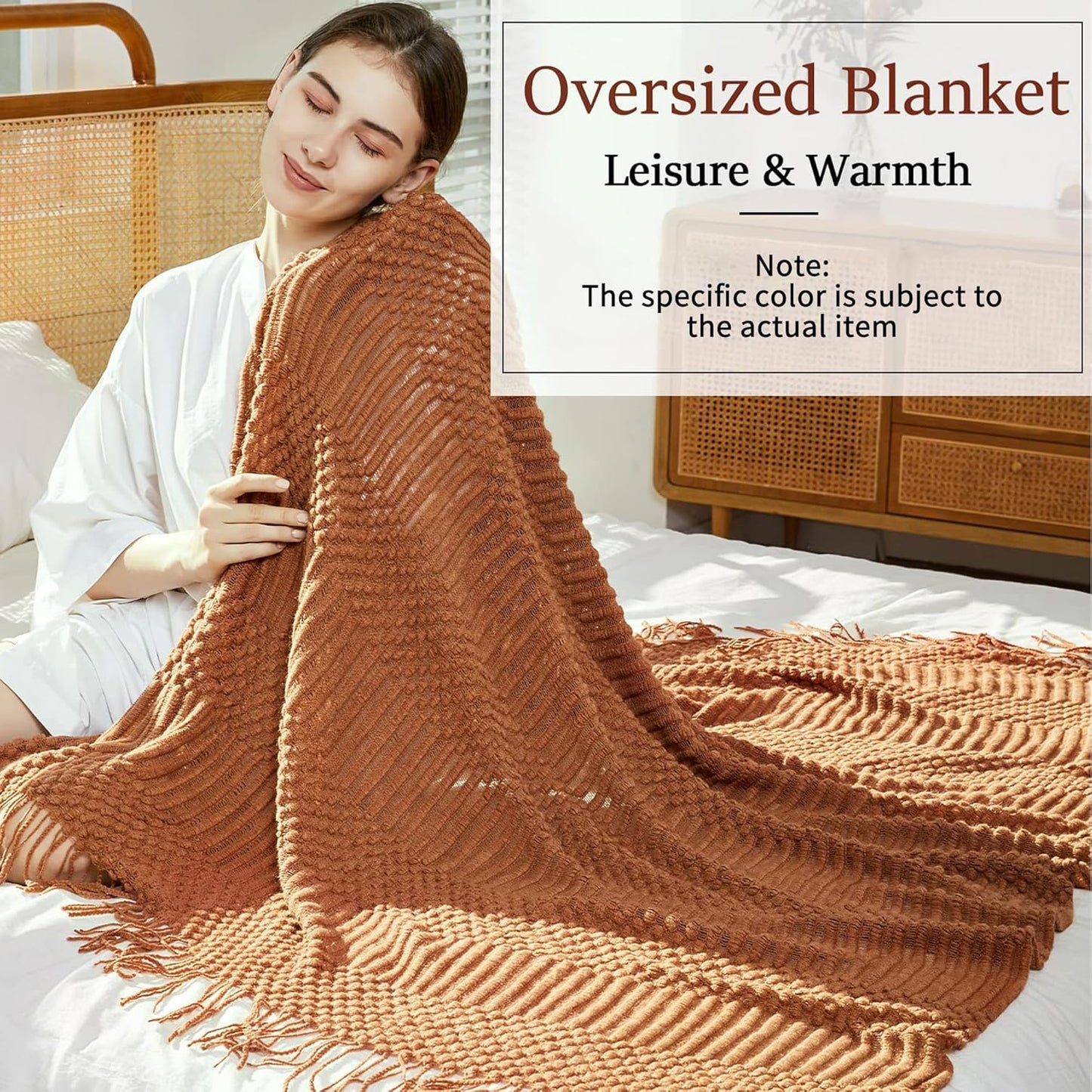 Knitted Throw Blanket for Couch and Bed, Soft & Cozy Knit Blanket with Tassel, Burnt Orange Lightweight Decorative Blankets & Throws, Farmhouse Warm Woven Blanket for All Seasons,50" W X 60" L