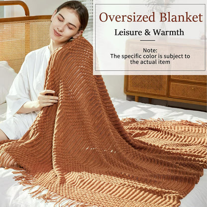 Knitted Throw Blanket for Couch and Bed, Soft & Cozy Knit Blanket with Tassel, Burnt Orange Lightweight Decorative Blankets & Throws, Farmhouse Warm Woven Blanket for All Seasons,50" W X 60" L