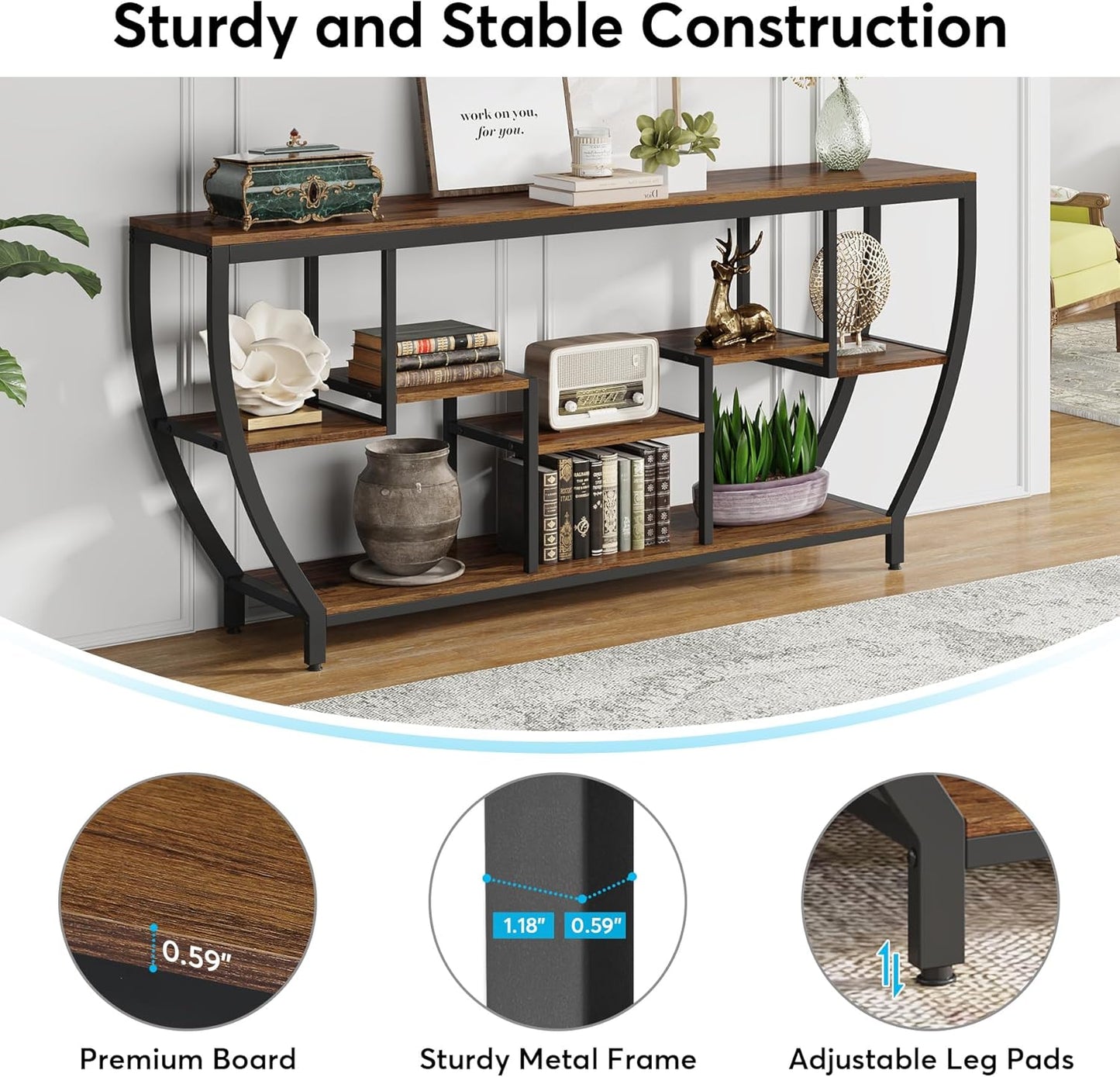 70.9 Inch Long Sofa Table with Shelves, Rustic Console Table with Storage, Industrial Entryway Table TV Stand, behind Couch Table Accent Tables for Living Room, Hallway, Foyer