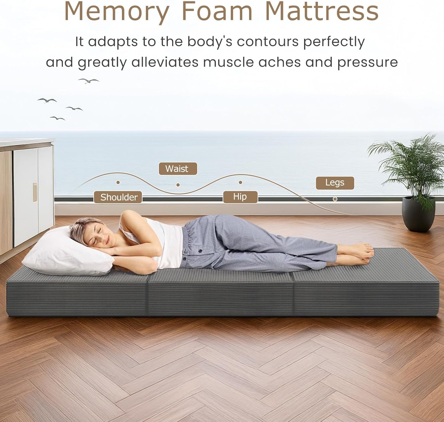 6-Inch Tri-Fold Mattress Twin Size - Foldable Futon Sofa Bed with Removable Washable Cover, Folding Memory Foam Futon Mattress | Non-Slip Bottom & Carry Handles for Guest, Camping, Dorm