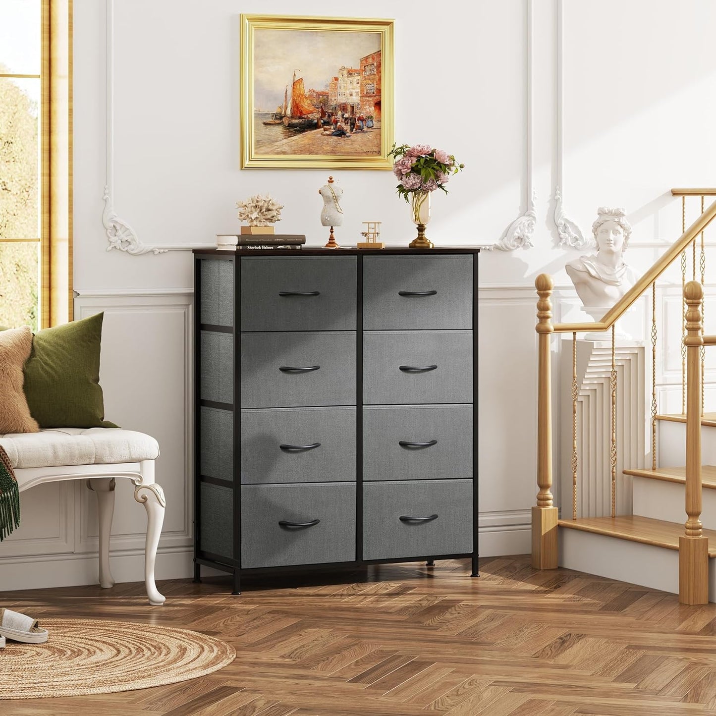 Fabric Dresser for Bedroom, Tall Dresser with 8 Drawers, Storage Tower with Fabric Bins, Double Dressers, Chest of Drawers for Closet, Living Room, Hallway, Dark Gray