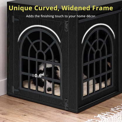 90.2" Double Room Dog Crate Furniture with Sliding Doors– Heavy Duty Wooden Dog Kennel with Hinged Divider, TV Stand & End Table for Large to Medium Dogs, Brown (Black)
