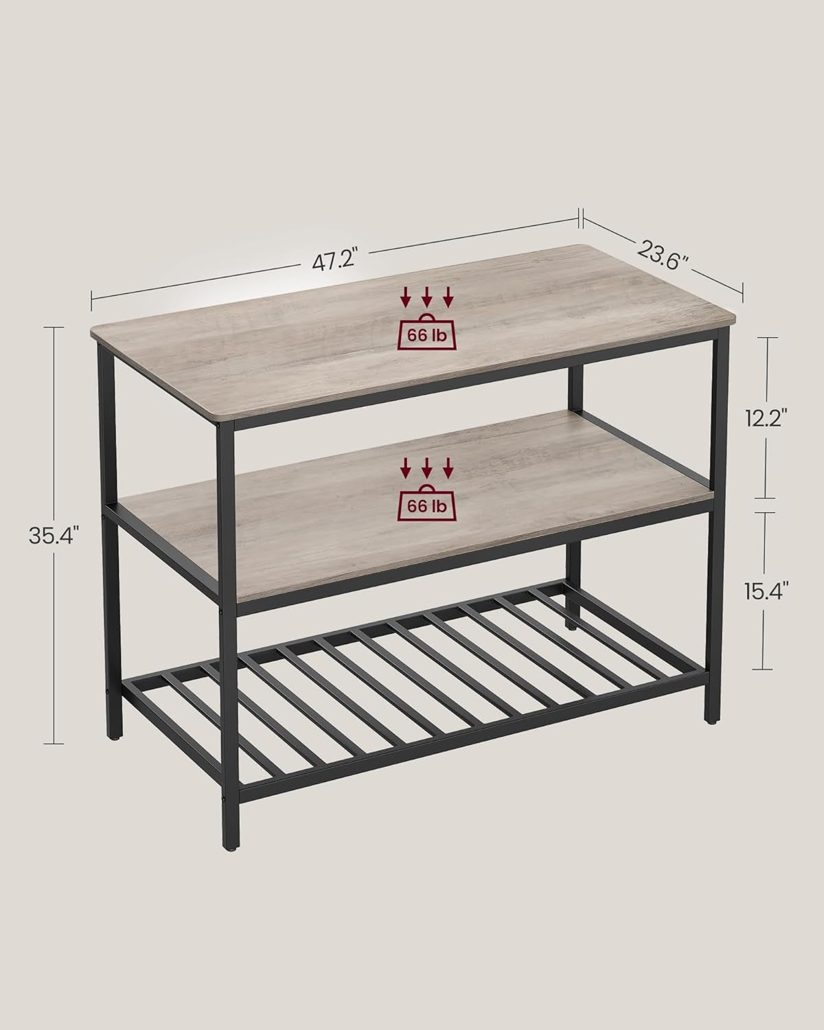 Kitchen Island with 3 Shelves, 47.2 Inches Width Kitchen Shelf with Large Worktop, Stable Steel Structure, Industrial, Easy to Assemble, Oak Color and White UKKI001W09