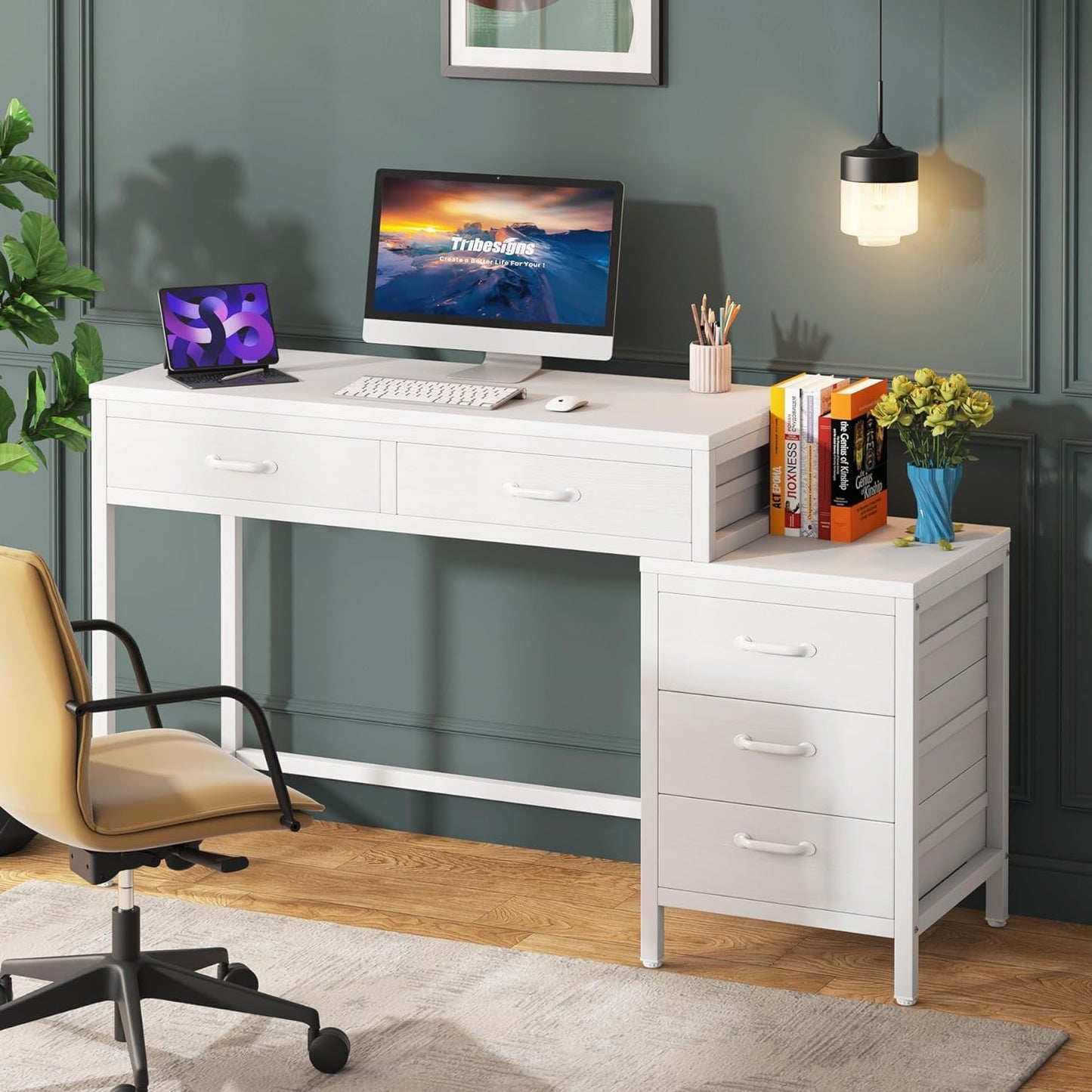 Computer Desk with 5 Drawers, Home Office Desks with Reversible Drawer Cabinet Printer Stand, Industrial PC Desk with Storage, White Study Writing Table Workstation for Small Spaces