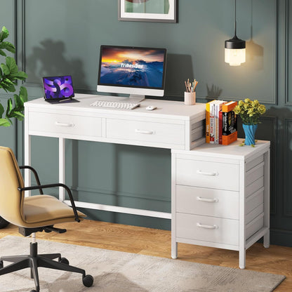 Computer Desk with 5 Drawers, Home Office Desks with Reversible Drawer Cabinet Printer Stand, Industrial PC Desk with Storage, White Study Writing Table Workstation for Small Spaces