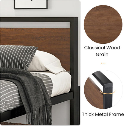 14 Inch Queen Size Metal Platform Bed Frame with Wooden Headboard and Footboard, Mattress Foundation, No Box Spring Needed, Large under Bed Storage, Non-Slip without Noise, Walnut