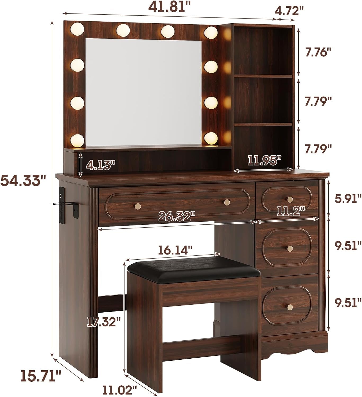 42" W Walnut Makeup Vanity Desk with Mirror and Lights and Charging Station, Dark Brown Wood Vanity with Open Storage and Drawers and Stool Chair, Dressing Table Make up Desk for Bedroom