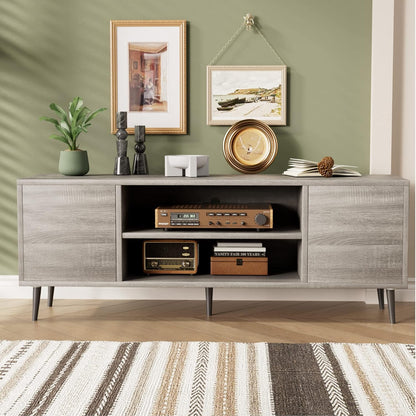 TV Stand for 65 Inch TV, Mid Century Modern TV Stand, Entertainment Center with Storage Cabinet and Open Shelves, TV Console Table Media Cabinet for Living Room, and Bedroom (Gray)