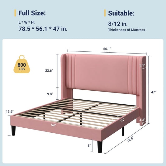 Full Size Velvet Platform Bed Frame with Vertical Tufted Wingback Headboard, Easy Assembly, under Bed Storage, No Box Spring Required, Modern Style, Pink