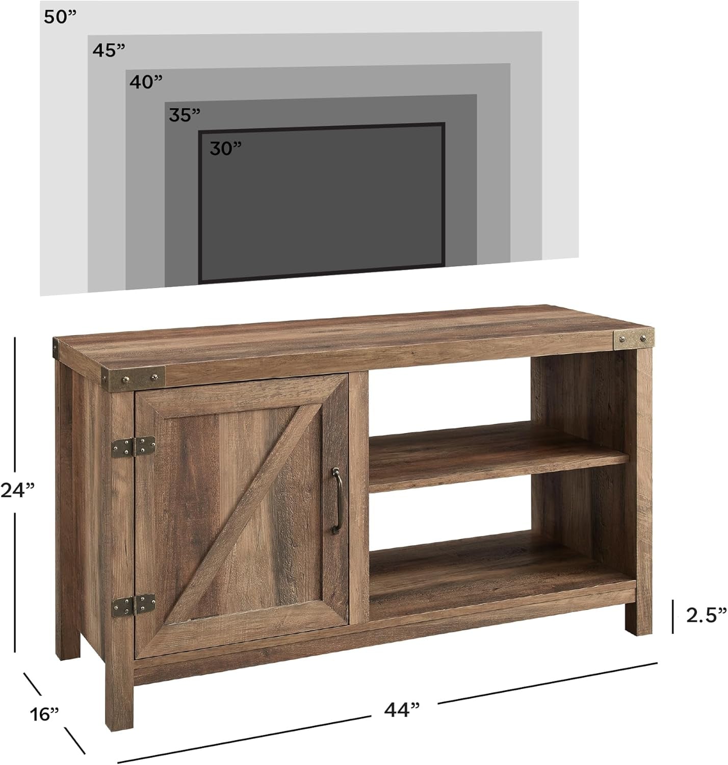Lewis Single Barn Door Storage Console, 44 Inch, Rustic Oak, without Fireplace