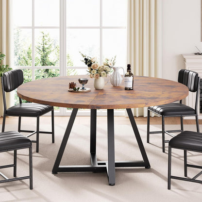 51“ round Kitchen Dining Room Table for 6-8, Circle Dining Dinner Table with Pedestal Metal Frame, Space Saving Wood Industrial Furniture for Small Space (Rustic Brown, 51In)