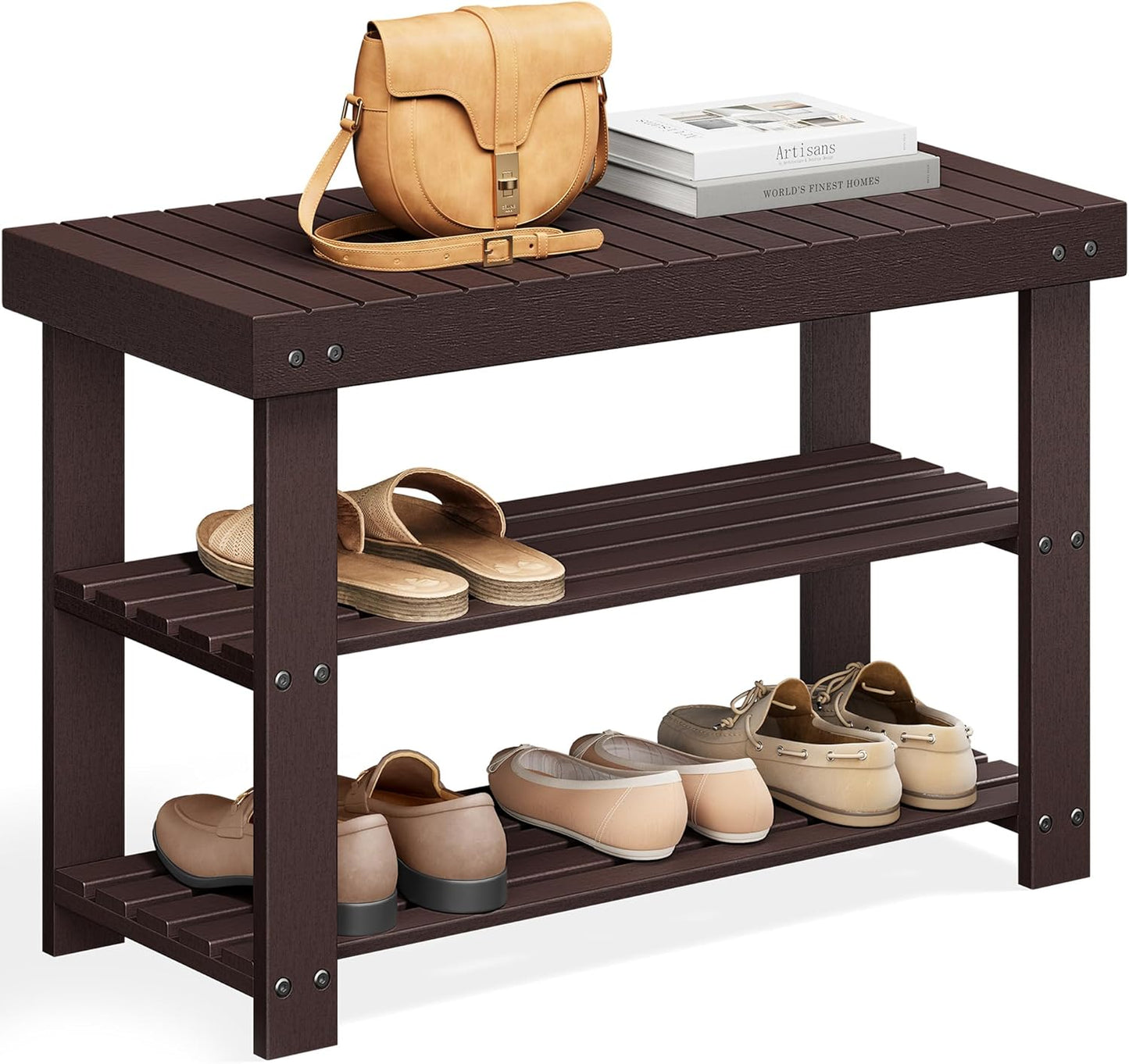 Shoe Rack Bench, 3-Tier Bamboo Shoe Storage Organizer, Entryway Bench, Holds up to 286 Lb, 11.3 X 27.6 X 17.8 Inches, for Entryway Bathroom Bedroom, Ink Black ULBS04H