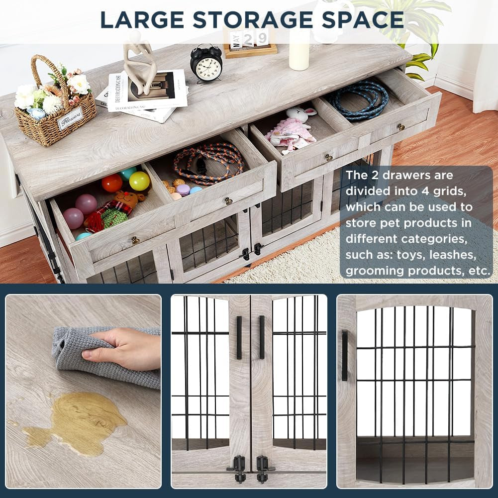 2 Rooms Dog Crate Furniture with Openable Partition,58" Wooden Dog Crate Table with 2 Drawers,5-Doors Dog Furniture,Indoor Dog Kennel,Dog House,Dog Cage,Tv Stand (Grey)