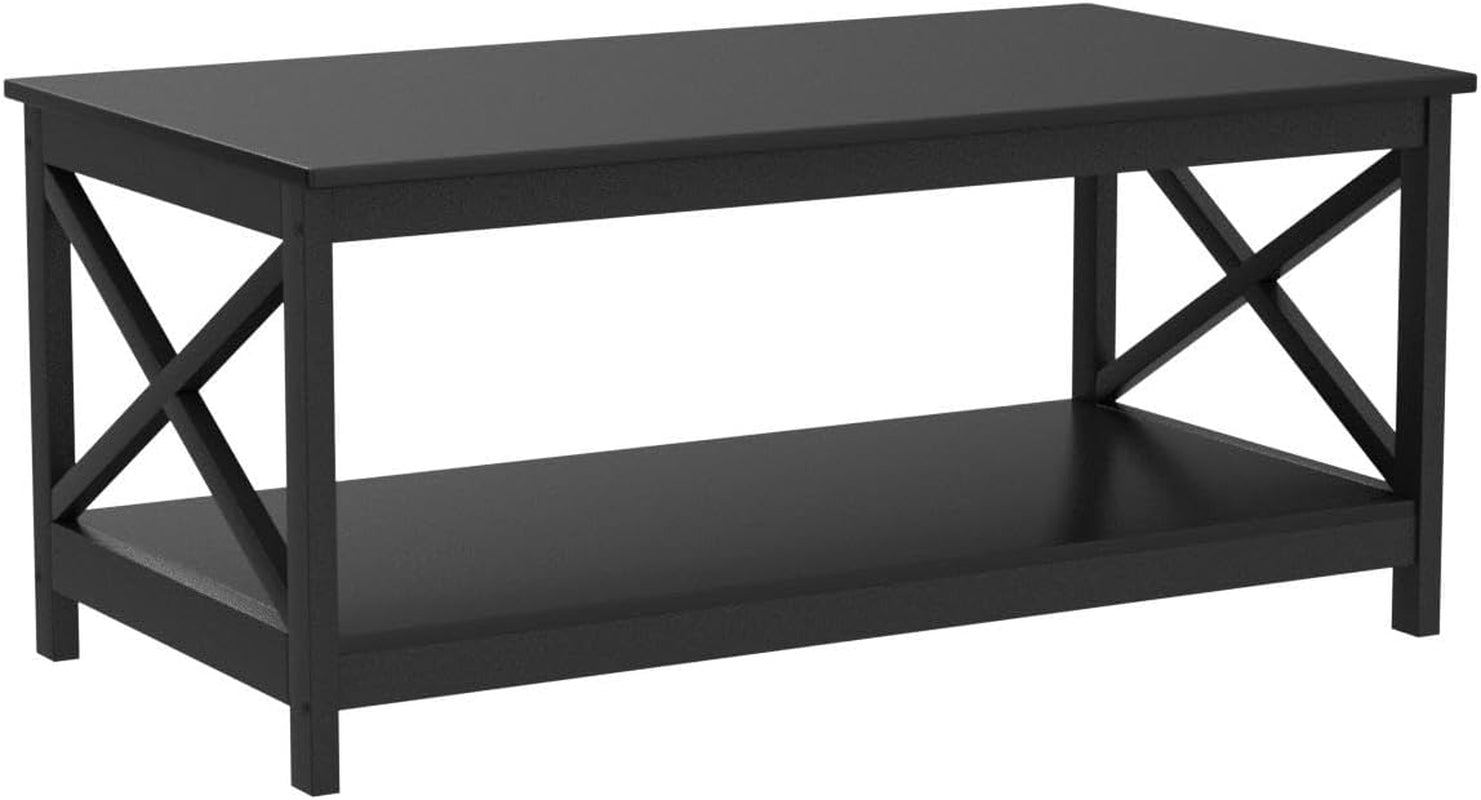 Wood 2-Tier Black Coffee Table with Storage Shelf for Living Room, X Design Accent Cocktail Table, Easy Assembly Home Furniture, 39.5 X 20 X 18 Inches