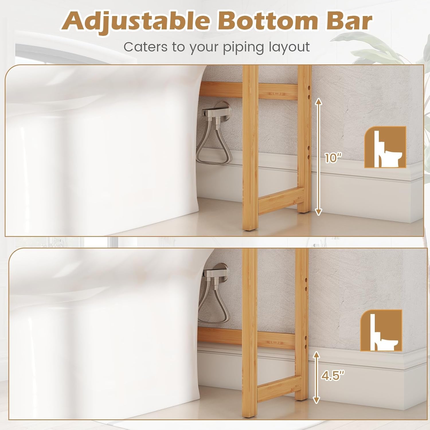 over the Toilet Storage, 3-Tier Bamboo Toilet Rack with 5-Position Shelves, 3 Hooks, Adjustable Bottom Bar, Freestanding Bathroom Shelf Organizer for Laundry Room, Space Saver, Natural