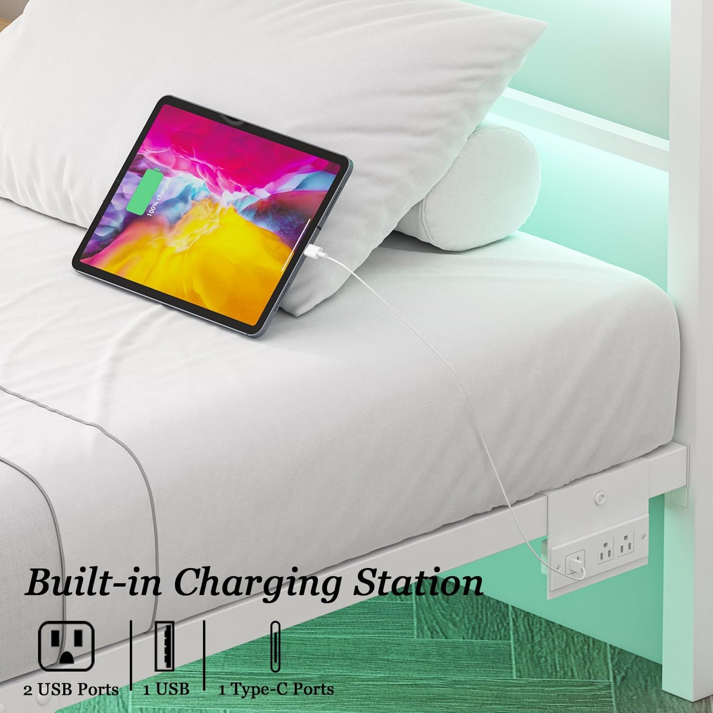 Twin Size Bed Frames with Charging Ports&Led Lights,Heavy Duty Metal Slats Support,No Box Spring Needed,Noise Free,No Squeak,Easy Assembly,For Girls Kids,White