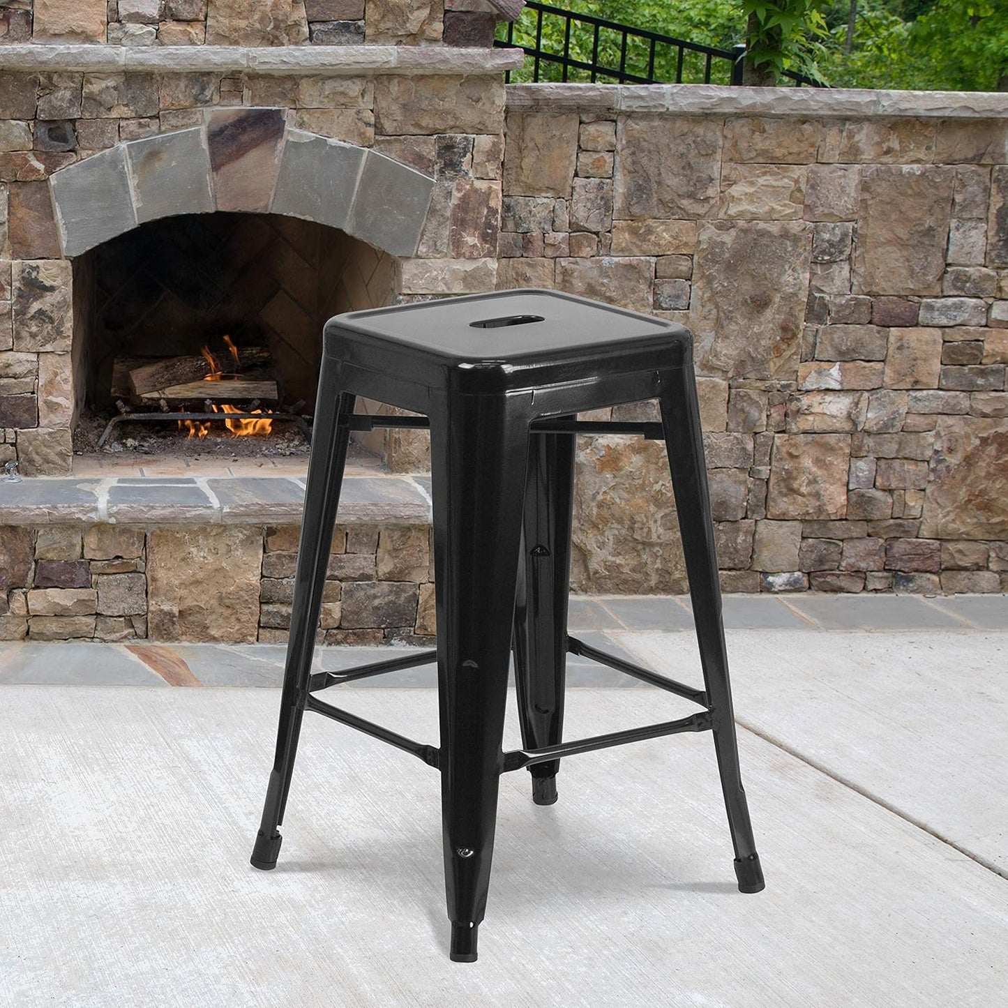 Lily 4 Pack Commercial Grade 24" High Backless Black Metal Indoor-Outdoor Counter Height Stool with Square Seat