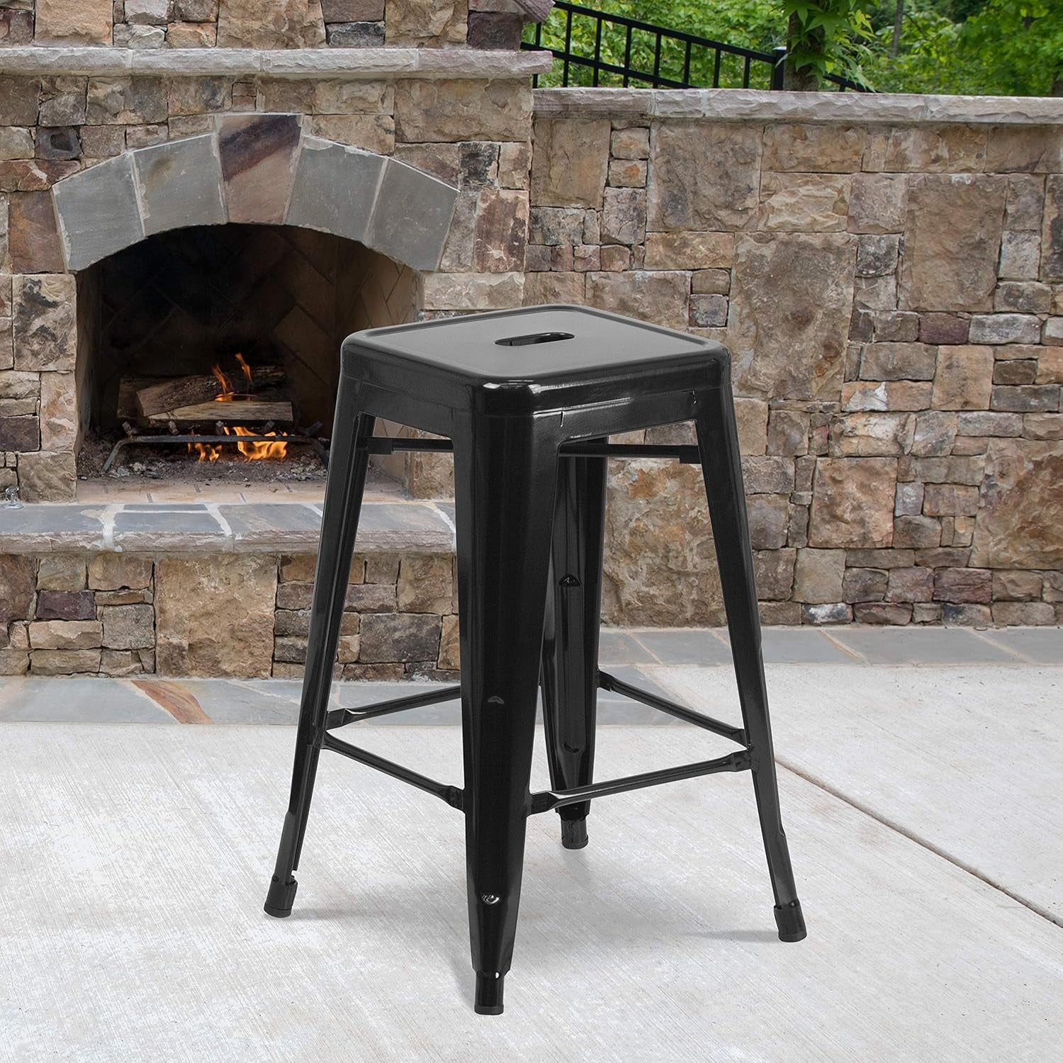 Lily 4 Pack Commercial Grade 24" High Backless Black Metal Indoor-Outdoor Counter Height Stool with Square Seat