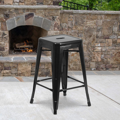 Lily 4 Pack Commercial Grade 24" High Backless Black Metal Indoor-Outdoor Counter Height Stool with Square Seat