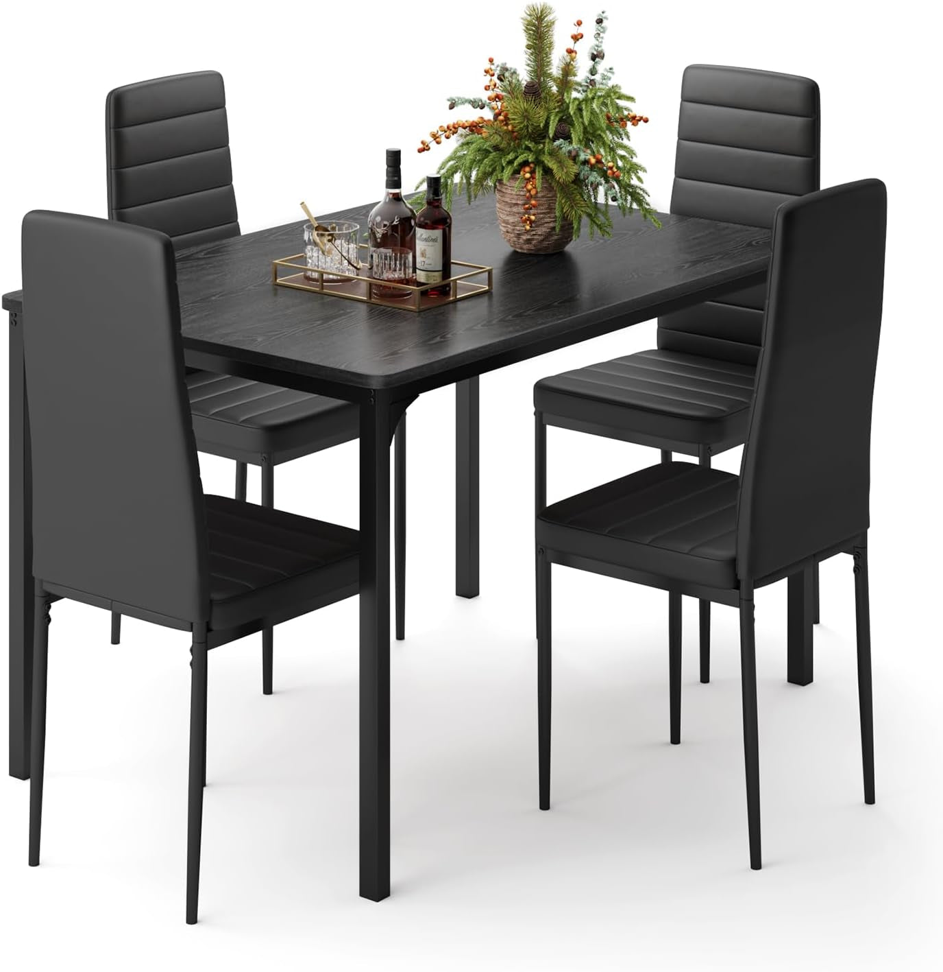 Dining Table Set for 4, Kitchen Table Chairs Set of 4, 5 Piece Kitchen Table Set with 4 Upholstered PU Leather Chairs for Dining Room, Living Room, Apartment, Small Space, Black