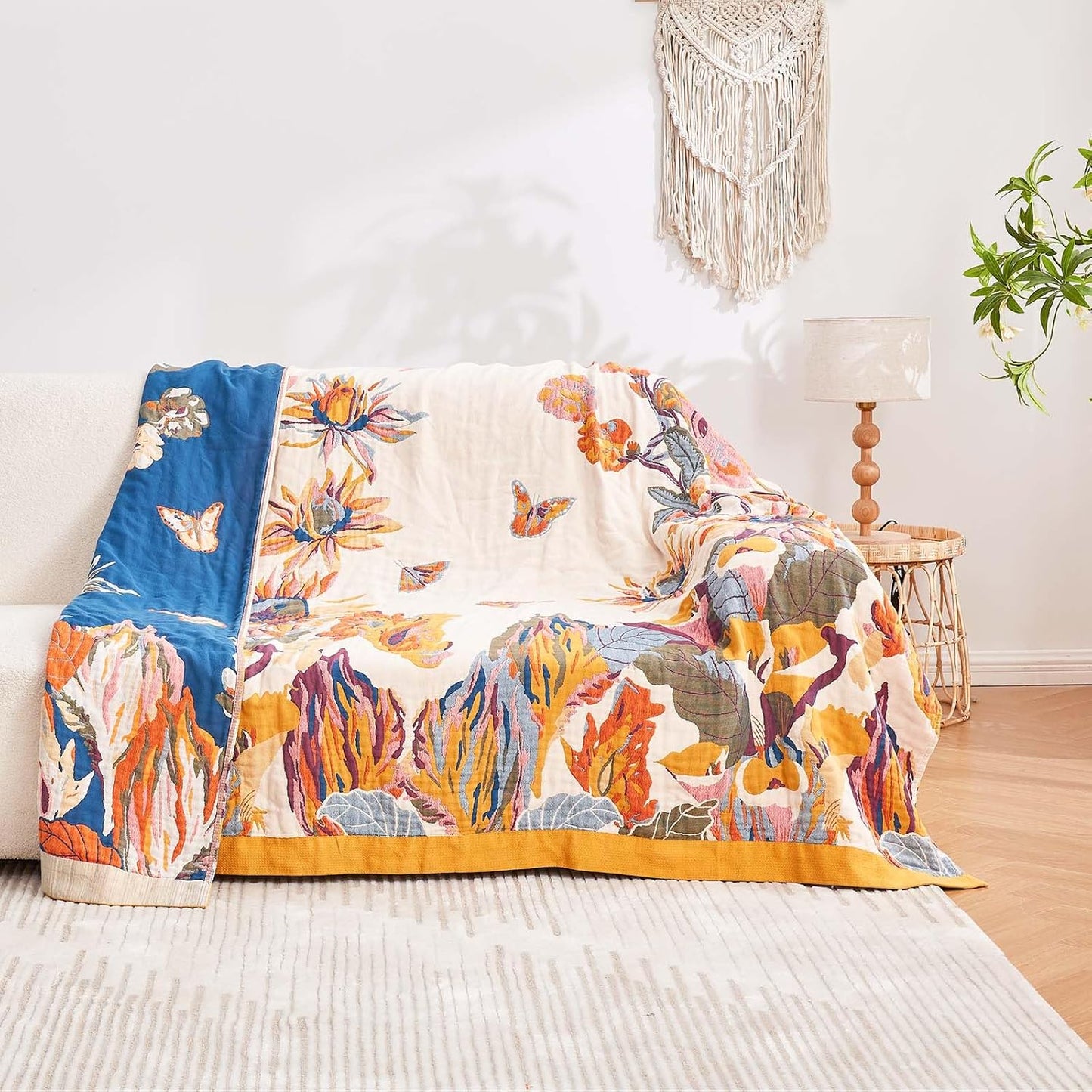 Boho Throw Blanket, 100% Cotton Ultra Soft Luxury Throw Rustic Quilt, 50"X60" Floral Bird Butterfly Farmhouse Decor Bed Blankets, All Season Rustic Reversible Bohemian Throw for Bed - Yellow