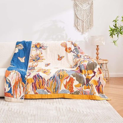 Boho Throw Blanket, 100% Cotton Ultra Soft Luxury Throw Rustic Quilt, 50"X60" Floral Bird Butterfly Farmhouse Decor Bed Blankets, All Season Rustic Reversible Bohemian Throw for Bed - Yellow