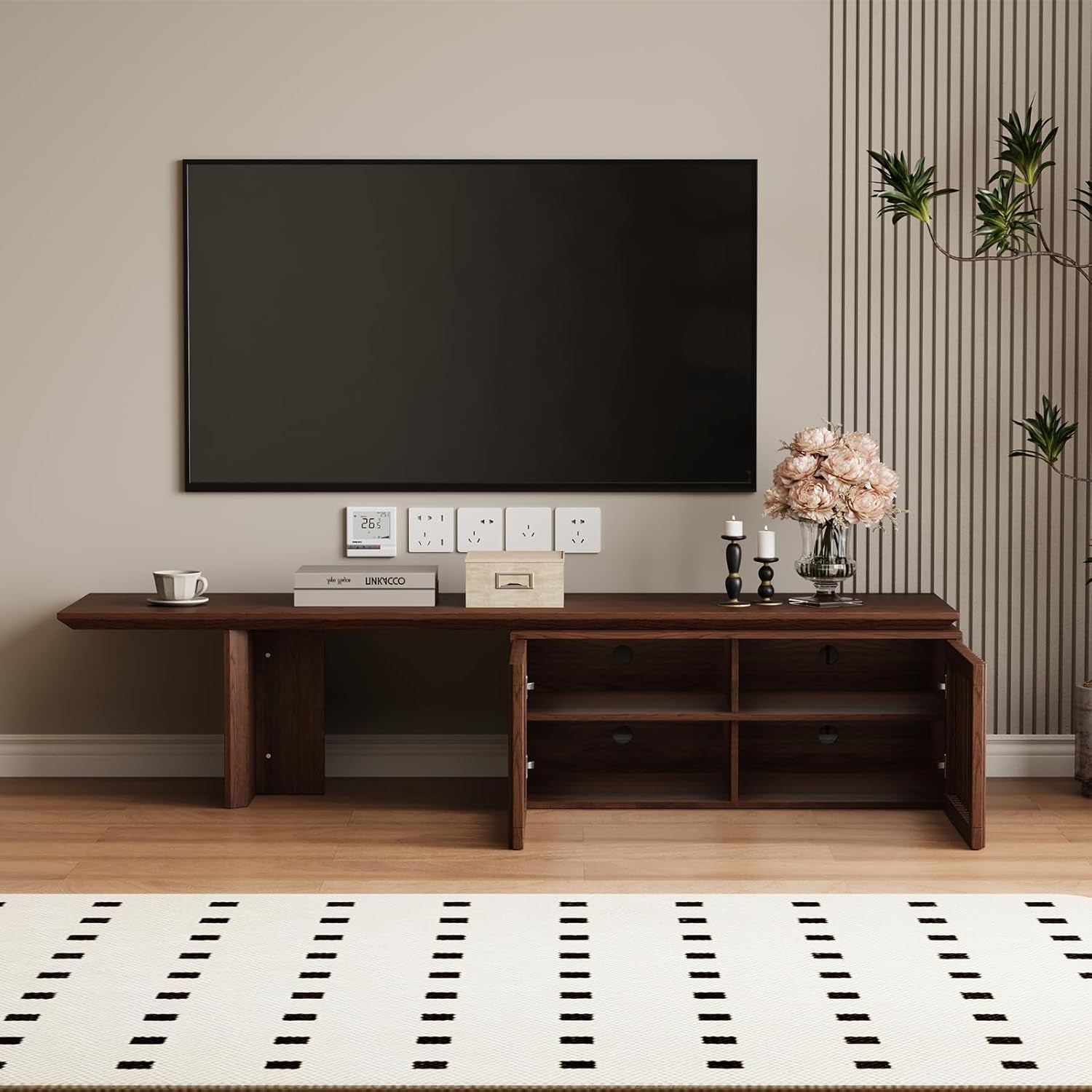 Extendable TV Stand with Storage and Shelves, Wood Entertainment Center for 55+ Inch TV, Modern TV Console, Minimalist Media Console for Living Room, Bedroom-Walnut (Extendable: 78.7"-110")