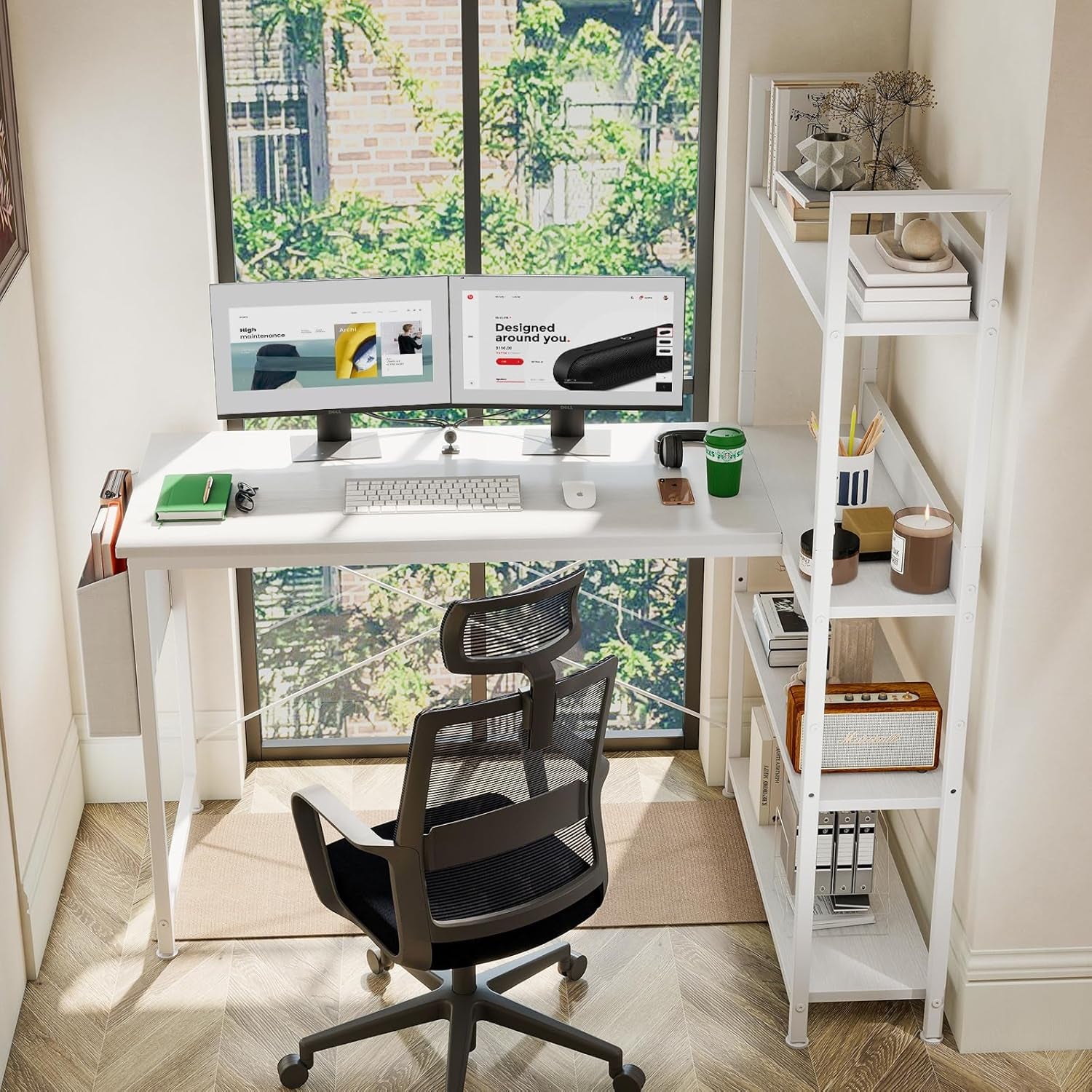 L Shaped Desk Corner Computer Table 47 Inch, L-Shaped Gaming Desks with Storage Shelf Reversible, Wood Tables with Side Bag Adjustable Feet for 2 Monitors Small Space Home Office Bedroom, White