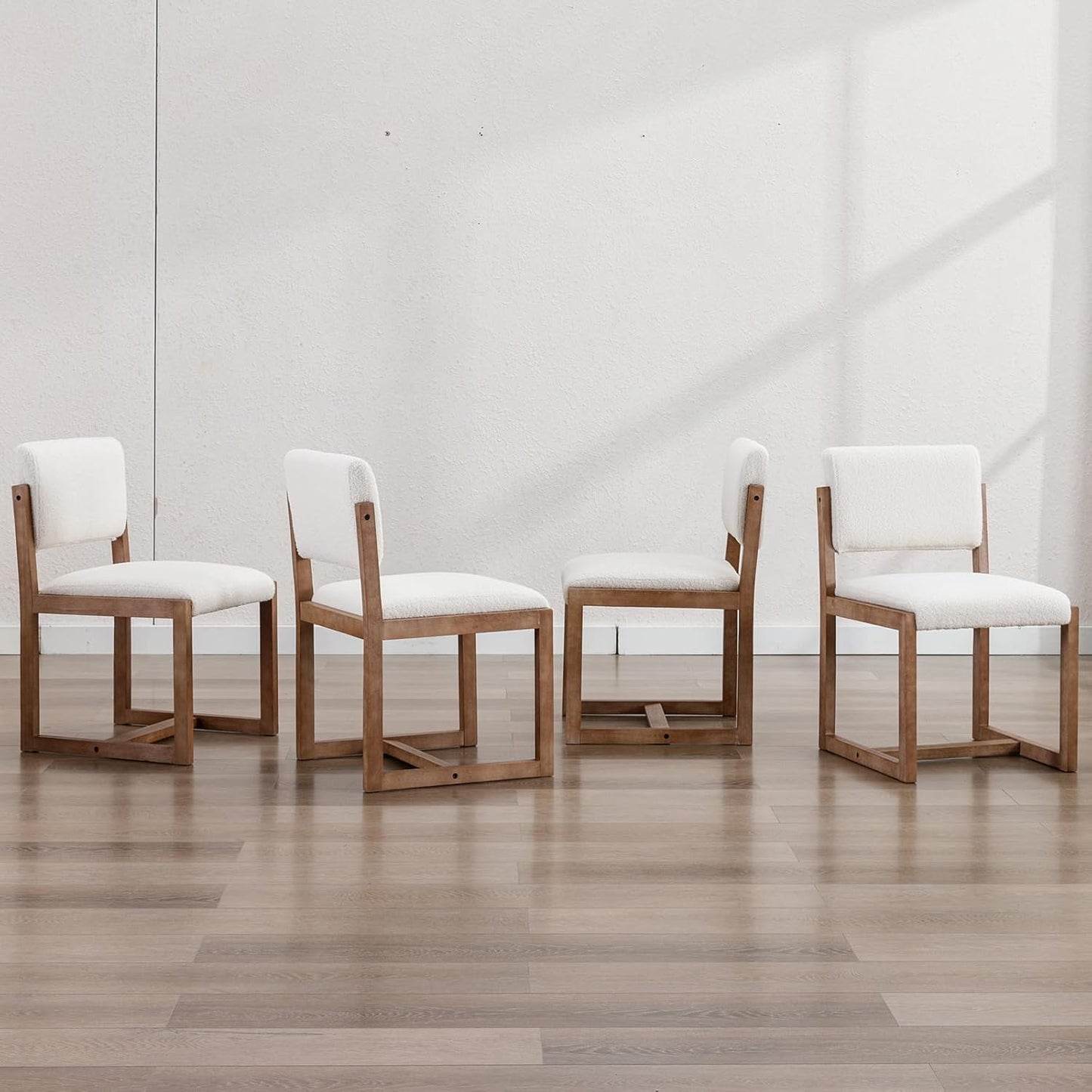 Upholstered Dining Chairs Set of 2, Mid-Century Modern Dining Room Chairs, Boucle Fabric Kitchen Side Chairs with Wood Legs, White