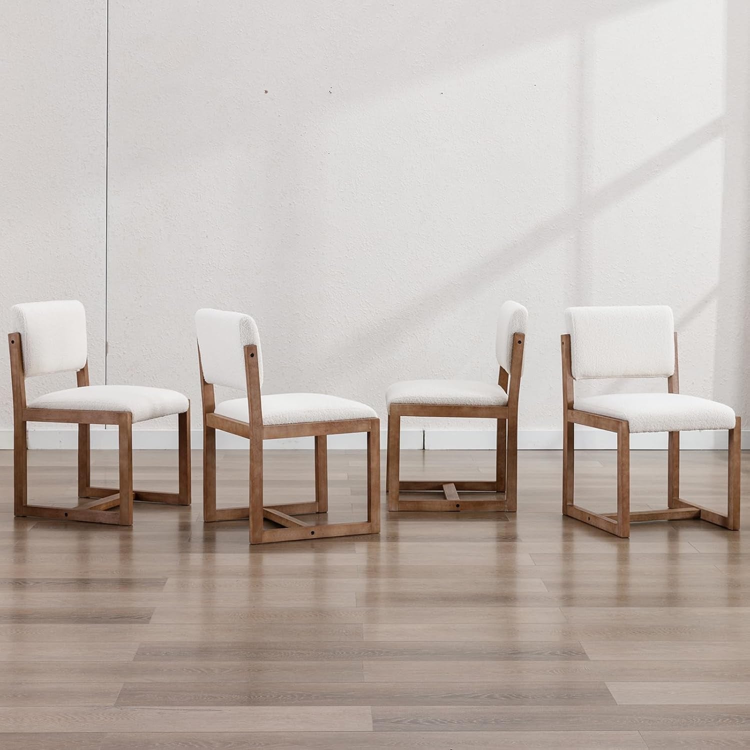 Upholstered Dining Chairs Set of 2, Mid-Century Modern Dining Room Chairs, Boucle Fabric Kitchen Side Chairs with Wood Legs, White