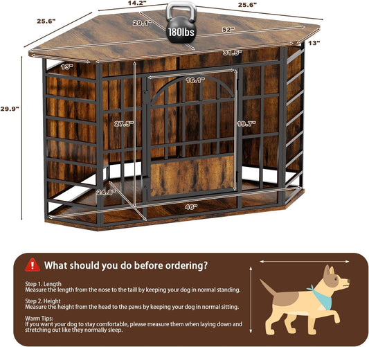 Corner Dog Crate Furniture, 52 Inch Large Dog Kennel Indoor Wooden End Table, Modern Dog Cage Decorative Pet House TV Stand for Medium Large Dogs,Vintage Brown