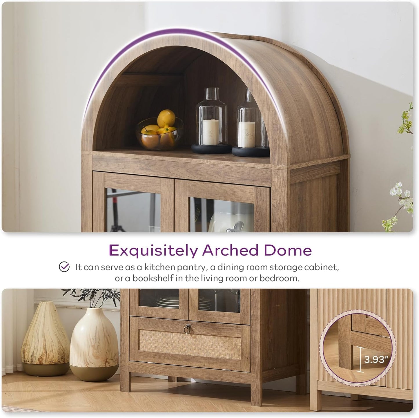 71" Tall Arched Pantry Cabinet with Innovative Drawer, Kitchen Cabinet with Anti-Tipping Device and Glass Door, Versatile Cupboard for Kitchen, Dining, Natrual