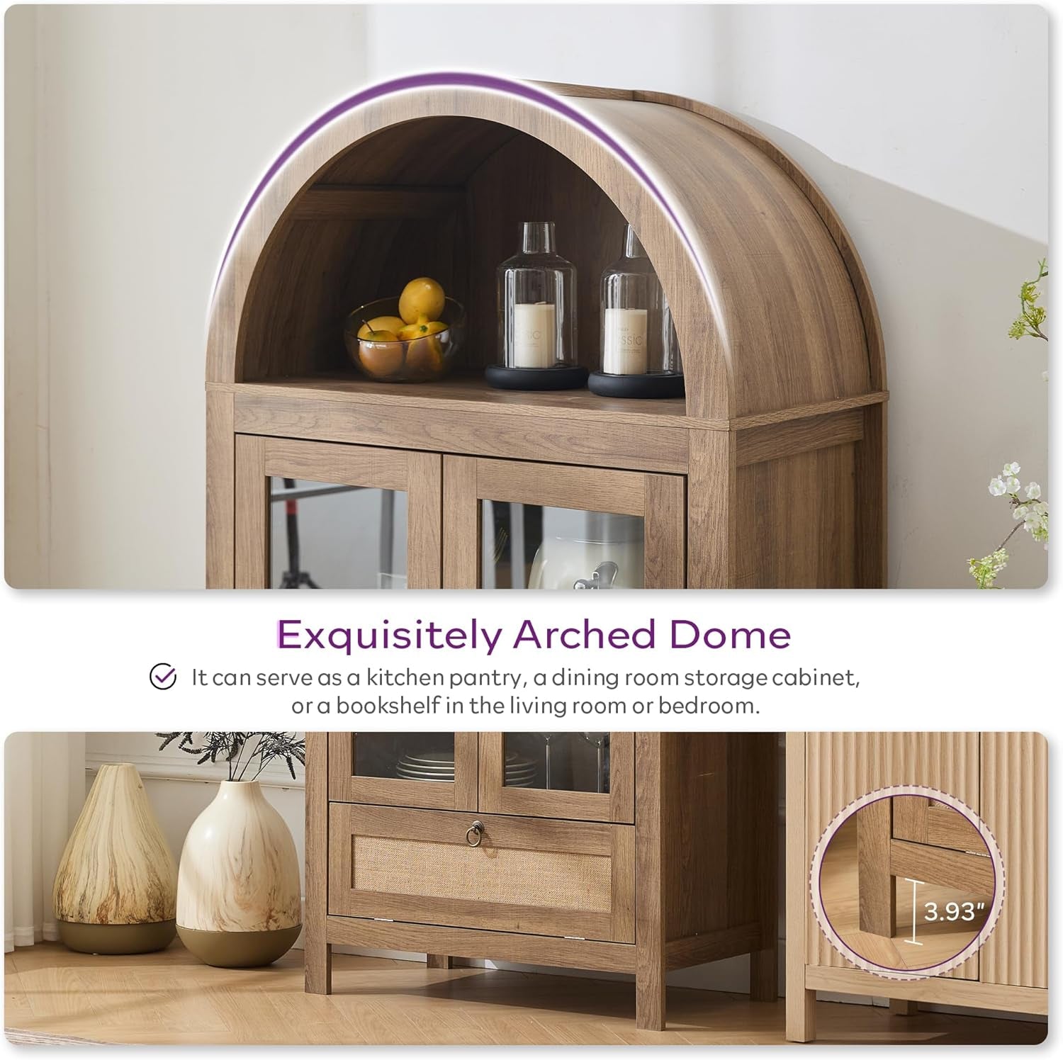 71" Tall Arched Pantry Cabinet with Innovative Drawer, Kitchen Cabinet with Anti-Tipping Device and Glass Door, Versatile Cupboard for Kitchen, Dining, Natrual