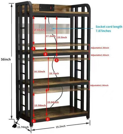 Bakers Rack with Power Outlet ，4-Tier Kitchen Baker'S Rack,Microwave Stand with Storage Suitable for Kitchen, Living Room, Dinning Room，Coffee Bar(Rustic Brown)