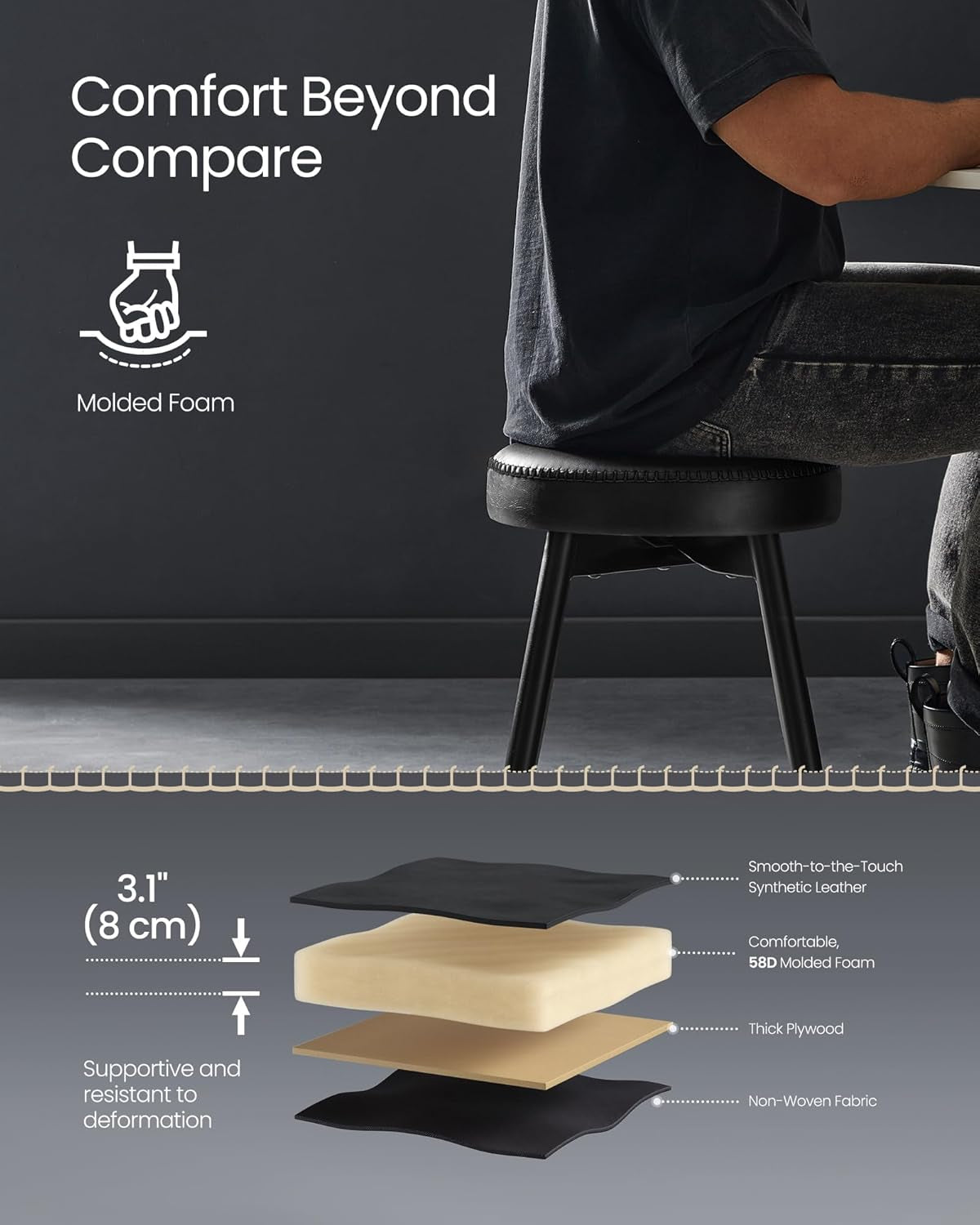 EKHO Collection - Dining Chairs Stools Set of 2, Upholstered Kitchen Chairs, Vanity Stools, Synthetic Leather with Stitching, Mid-Century Modern, 19-Inch Tall, Easy Assembly, Ink Black