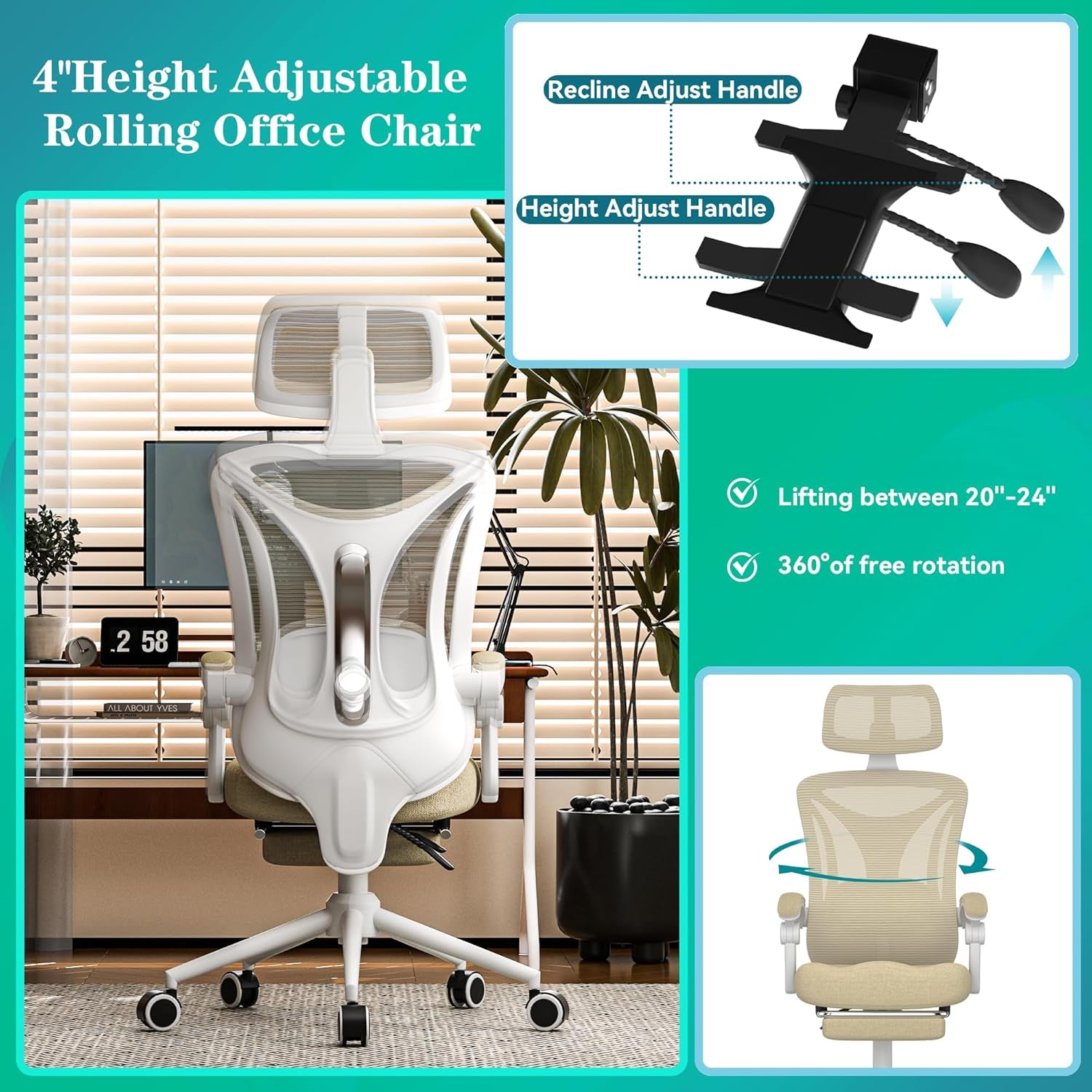 Ergonomic Office Chair - Adjustable Lumbar & Headrest, 90-160° Reclining with Footrest, Breathable Mesh Back - Home Office/Gaming Computer Chair (Beige, 300Lbs Capacity)