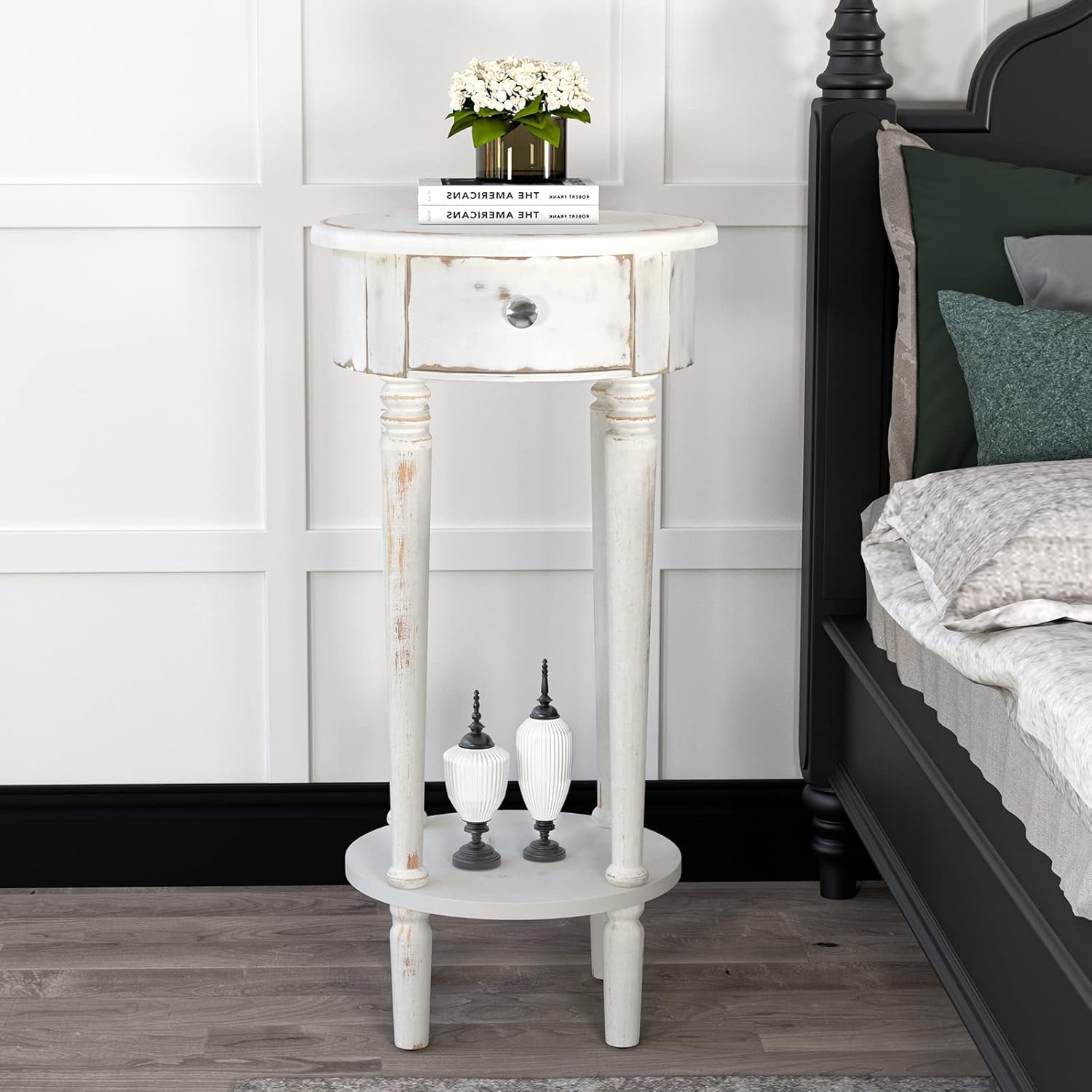 Tall End Table with Drawer, 2-Tier Rustic round Side Table with 4 Wood Leg, White Nightstand with Hand-Painted Finish, Small Accent Table for Living Room, Bedroom, Distressed Off-White