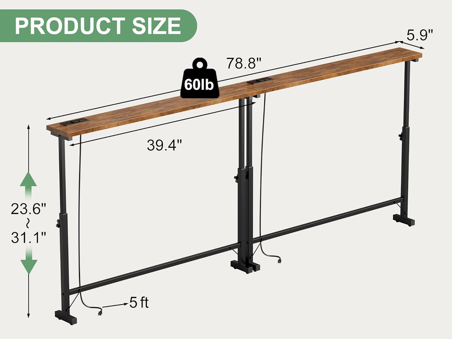 2 Pack 79" Narrow Console Table with Adjustable Height(23"-31") behind Couch Sofa Table with 2 Power Outlets 79"*5.9" Long Entryway Table for Hallway Bedroom Living Room Foyer Rustic Brown
