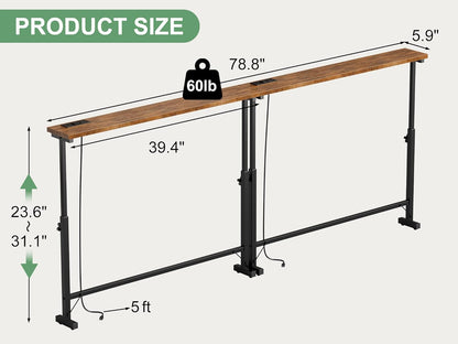 2 Pack 79" Narrow Console Table with Adjustable Height(23"-31") behind Couch Sofa Table with 2 Power Outlets 79"*5.9" Long Entryway Table for Hallway Bedroom Living Room Foyer Rustic Brown