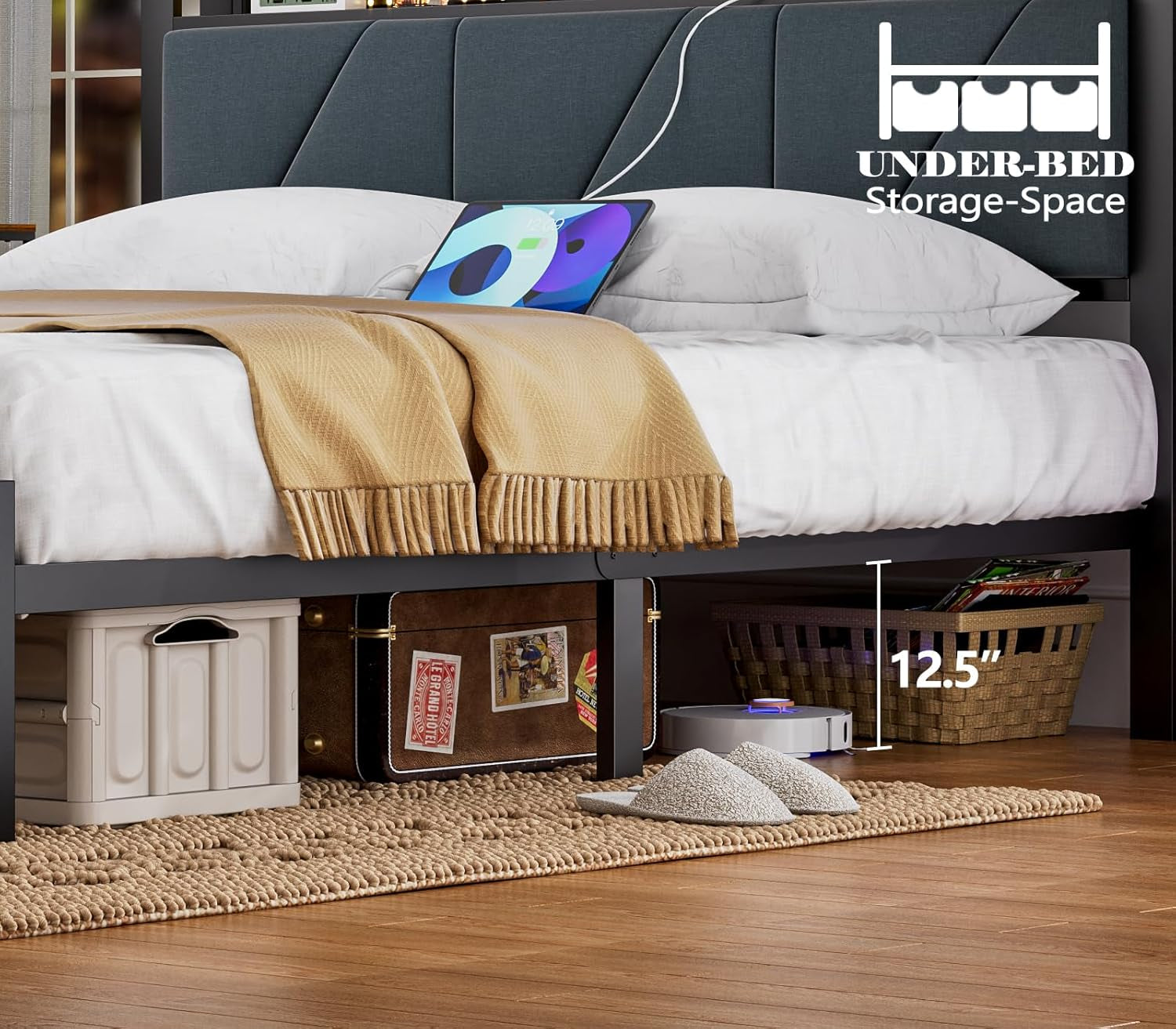 Full Bed Frame with LED Lights,Headboard with Charging Station and USB Port,Upholstered Platform Bedframe Metal Support,No Box Spring Needed