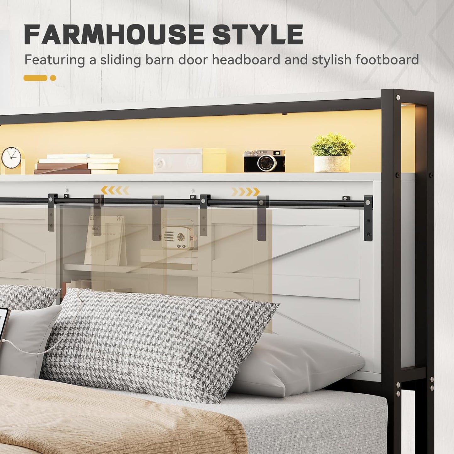 Farmhouse Bed Frame with Storage Headboard Queen Size, Platform Bed Frame with LED Lights and Charging Station, Sliding Barn Door, Solid Metal Slats, No Box Spring Needed (White)
