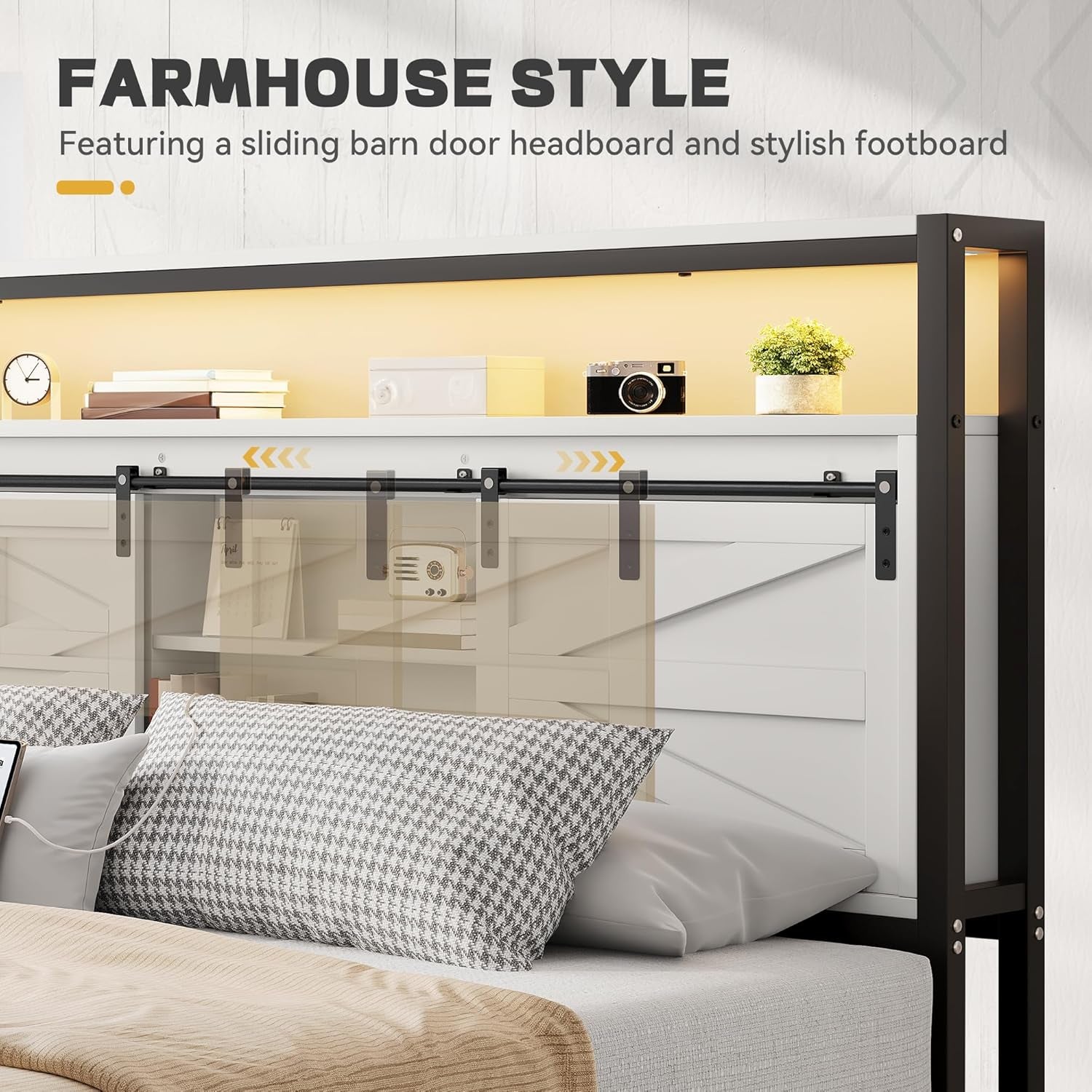 Farmhouse Bed Frame with Storage Headboard Queen Size, Platform Bed Frame with LED Lights and Charging Station, Sliding Barn Door, Solid Metal Slats, No Box Spring Needed (White)