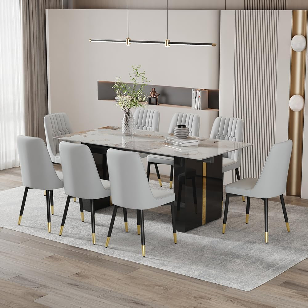 71'' Modern Dining Table Set for 8，Kitchen Table Set for 8, Dining Faux Marble Table Set for 8 with PU Leather Chairs for Kitchen, Dining, Bar, Living Room