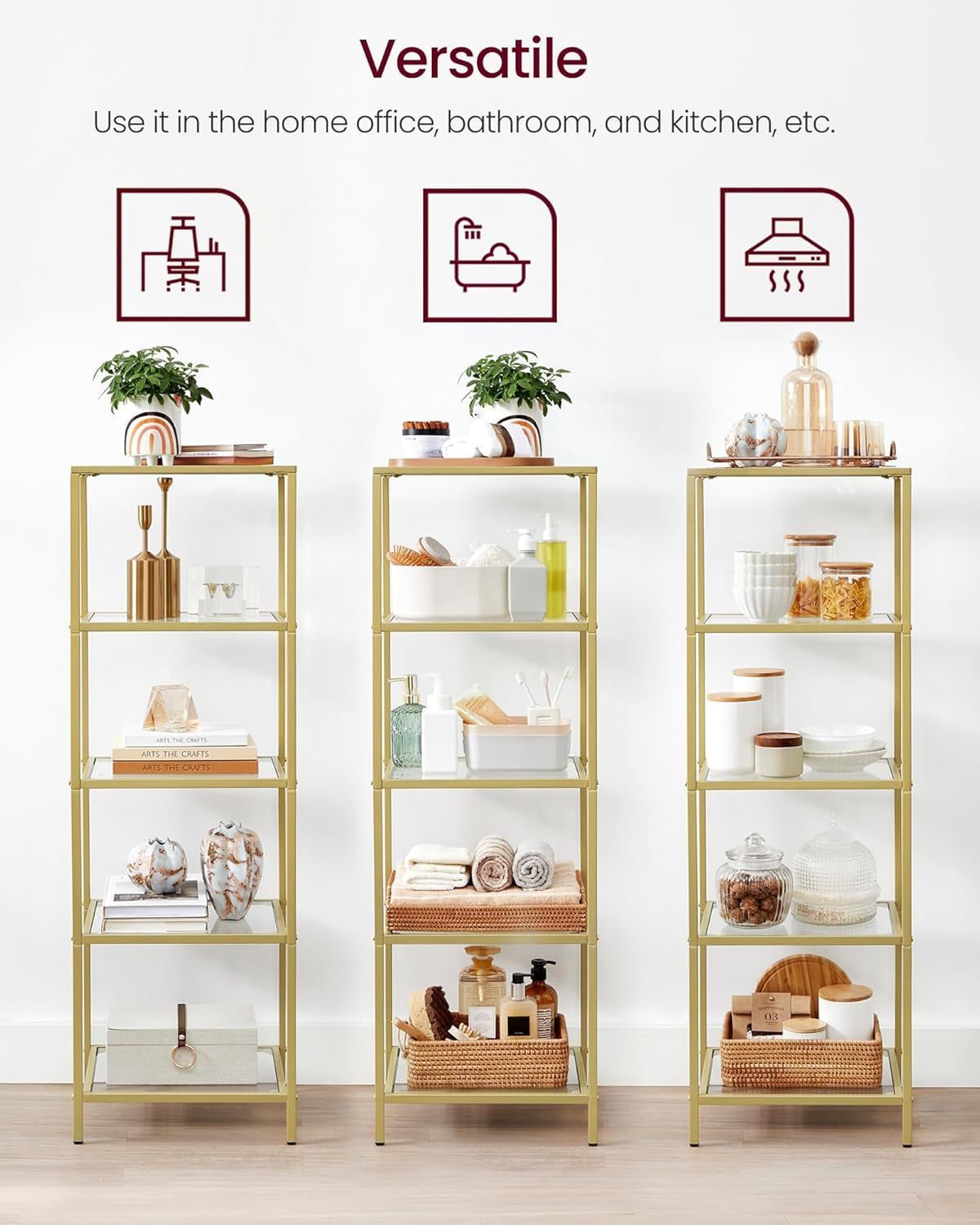 Bookcase, 4-Tier Bookshelf, Slim Shelving Unit for Bedroom, Bathroom, Home Office, Tempered Glass, Steel Frame, Metallic Gold ULGT28G