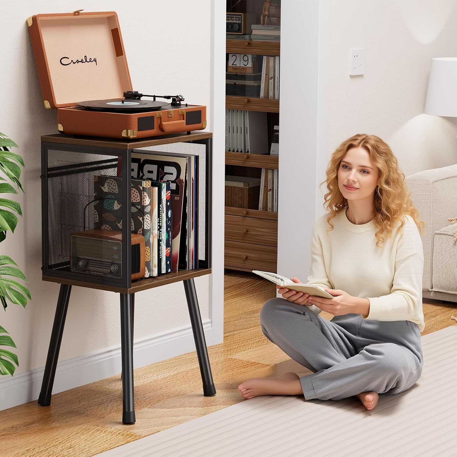 Record Player Stand, Vinyl Record Storage Holds up to 100 Albums, Record Holder Display Shelf, Organizer Table for Living Room, Rustic Brown