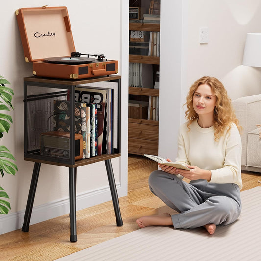 Record Player Stand, Vinyl Record Storage Holds up to 100 Albums, Record Holder Display Shelf, Organizer Table for Living Room, Rustic Brown