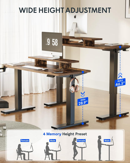 Standing Desk with Monitor Stand, 55 X 24 Inches One-Piece Electric Height Adjustable Computer Desk with Cup Holder, Home Office Desks (Black Frame+ Rustic Top)